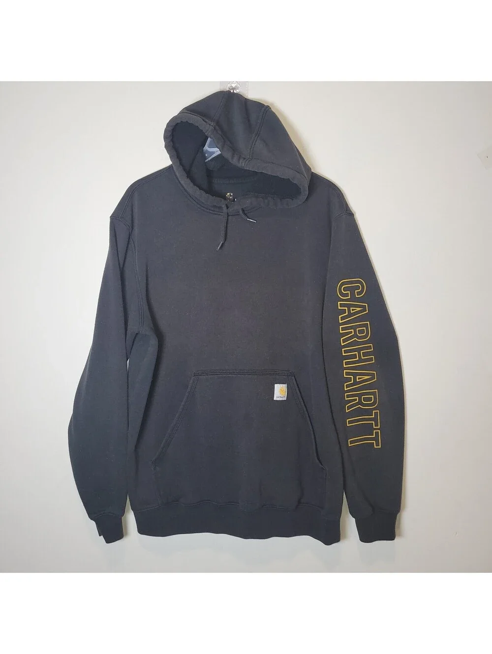 Carhartt Men's Black Pullover Hoodie Sweatshirt Original Fit Large L Logo Sleeve